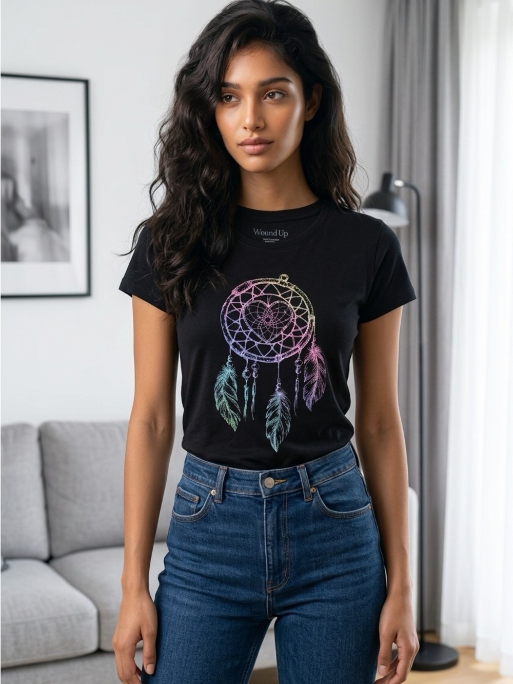 Wound Up Black Short-Sleeve Tee with Pastel Dreamcatcher